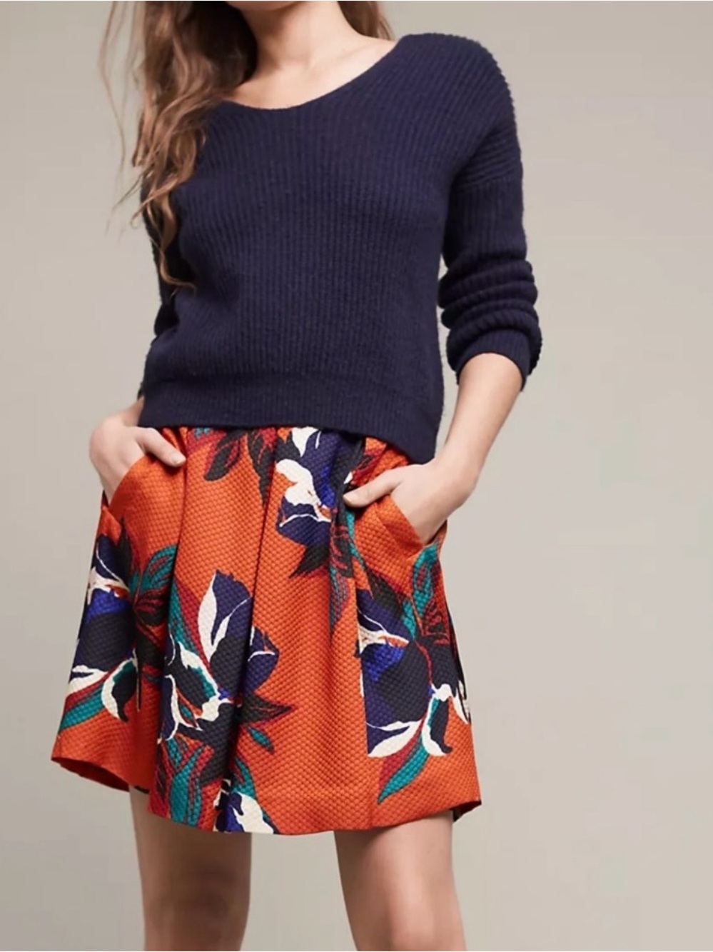 Maeve Orange Floral Circle Skirt with Navy Accents - Anthropologie